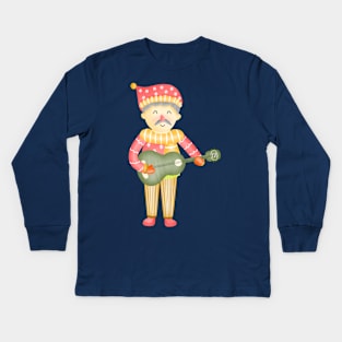 Cute santa claus boy playing guitar Kids Long Sleeve T-Shirt